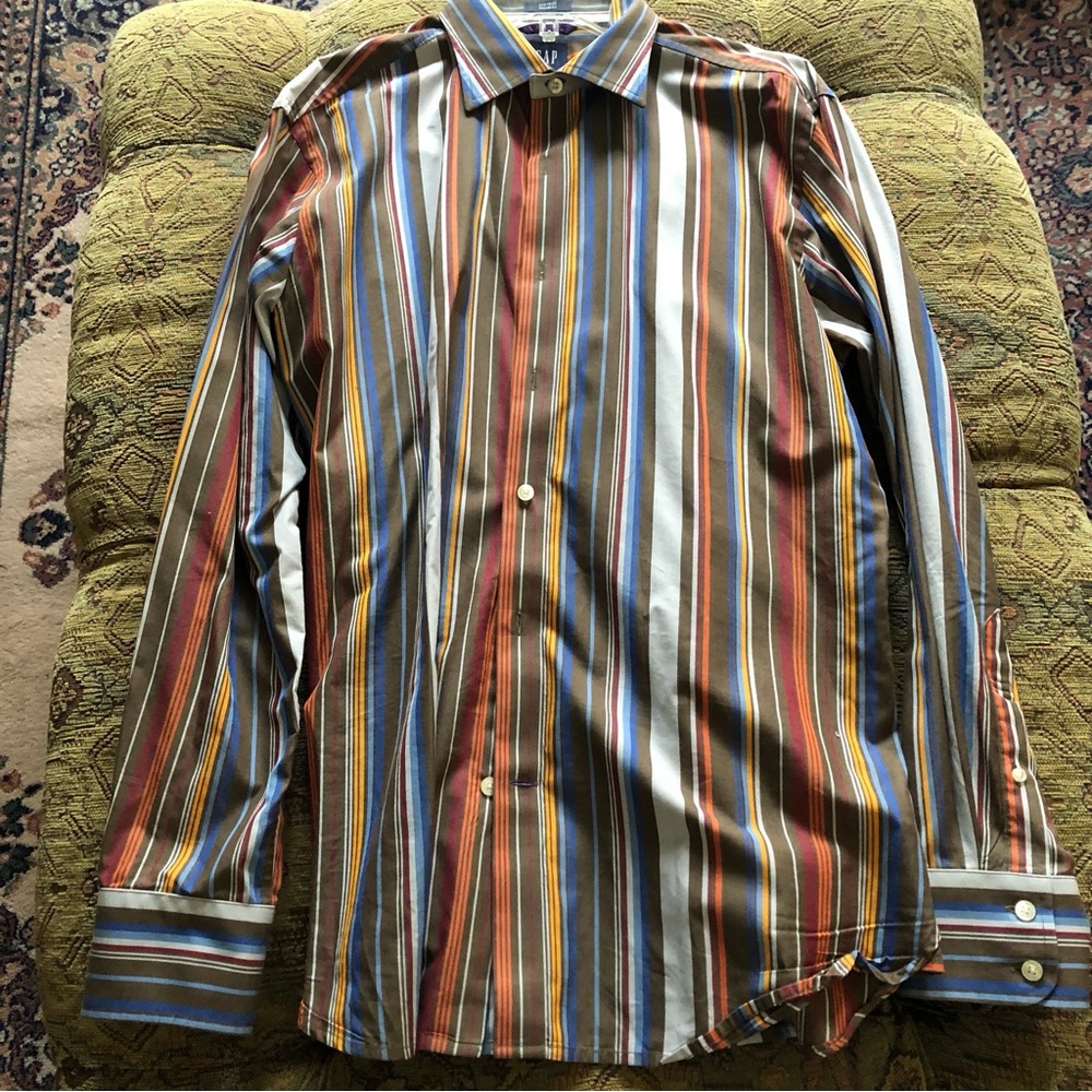 GAP Men's Button-down Shirt Medium 15-15.5 Brown Olive Orange Stripes